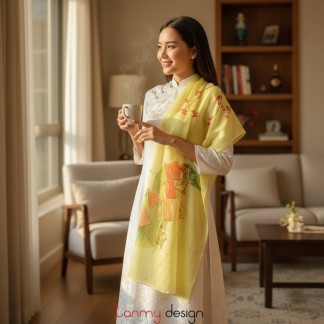 Khăn gai dài màu vàng vẽ tay hình phố cổ 70*190cm
